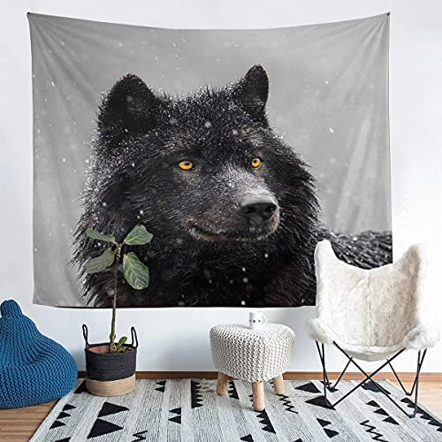 Homemissing Wolf Wandbehang Safari Tier Pattern Wandteppich 130x150cm Schwarz Tierwelt Stil Tapisserie für Jungen Kinder Erwachsene Schlafzimmer Dekor Cool Wild Wolf Wandkunst