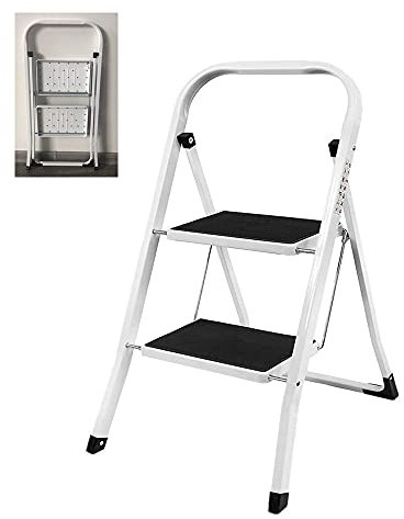 Heavy Duty Steel 2 Step Ladder Portable Compact Folding Metal Stepladder Stool Multi Purpose for Home Garden Warehouse Kitchen Mini Small Stepladder Stable Up to 150kg/330lbs Capacity
