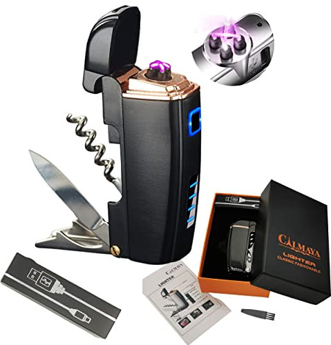 Cadeau Saint Valentin Homme Briquet Électrique Rechargeable USB 4 en 1 : Allume feu Double Arc - Couteau Suisse - Décapsuleur - Ouvre Bouteille Accessoire randonnée Gift Fumeur riginal Femme