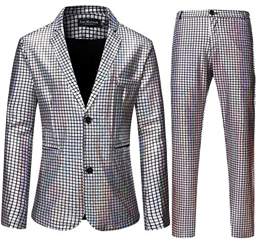 LucMatton Herren 2-teiliges Disco-Set, glänzende Jacke und Hose, metallische Pailletten, silber, M