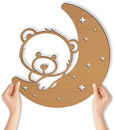 Wandlampe Teddy Mond I Nachtlicht Schlummerlicht Kinderzimmer Kinder Mädchen Junge I MDF Holz Batteriebetrieb
