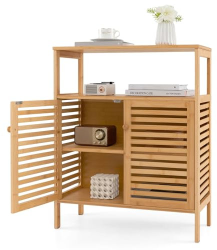 RELAX4LIFE Bamboo Storage Cabinet, Floor-Standing Bathroom Cabinet Cupboard with Louver Door & Open Shelves, Display Shelf Storage Organizer Unit for Kitchen Living Room Hallway