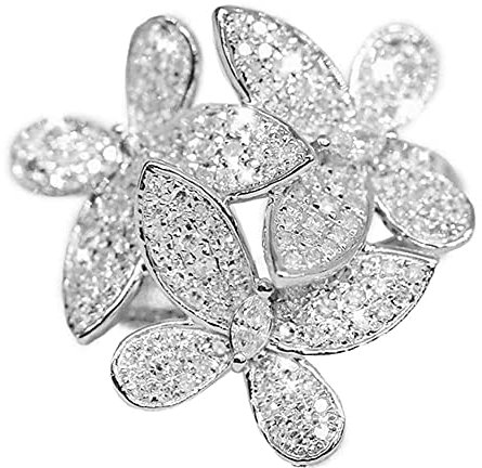 IMINI Bague de fiançailles ouverte avec trois papillons et fleurs pour femmes et filles avec strass et cristaux, Métal, Zircone cubique