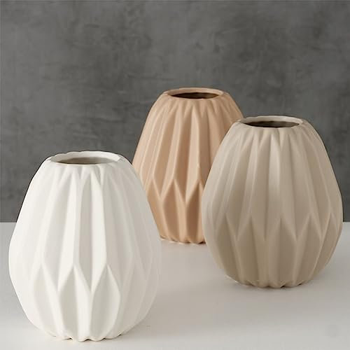 ReWu Deko Vase 3er Set Gemometrisches Design aus Keramik Matt Höhe 13 cm Blumenvase Tischddekoration Modern und Dekorativ Beige
