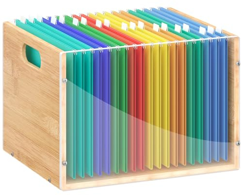 Sbanmao Clear Acrylic File Box Organizer, Bamboo Hanging Folder Storage Boxes, Filing Crate Bin Holder with Handle for Home Office Desk, Letter Size