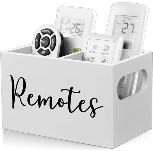 DRASTAR Rustic White Remote Caddy, 2-Compartment TV Remote Holder & Organizer for Nightstand, Bedside Table, Living Room, Office