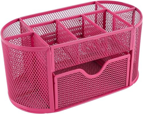 Schreibtisch Organizer, Mesh Metall Büro-Organizer mit Schublade und Stifthalter, 9 Sortierfächer für Stifte, Hefter, Ordnerklammern, Haftnotizen, Platzsparendes Desk Organizer (Rot)