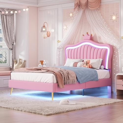 FEZTOY Kinderbett Polsterbett 90x200, Bettgestell für Mädchen, mit verstellbares Kopfteil, Kronen-Doppelbettgestell aus PU-Leder mit Lattenrost und Rückenlehne, ohne Matratze (Rosa-90x200)
