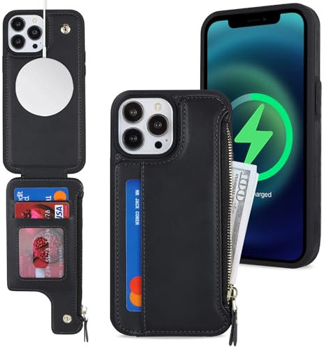 SailorTech iPhone 14 Pro Etui mit Kartenhalter, iPhone 14 Pro Hülle mit Reißverschluss Kartenfach Geldbörse für iPhone 14 Pro Handyhülle Lederhülle - Schwarz