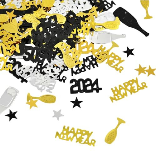 Tainrunse Konfetti-Set 2024, schnell und einfach, DIY-Dekoration, 2024, Happy New Year-Konfetti-Set, elegant, schwarz, goldfarben, silberfarben, Party-Dekorationen, goldfarben und silberfarben