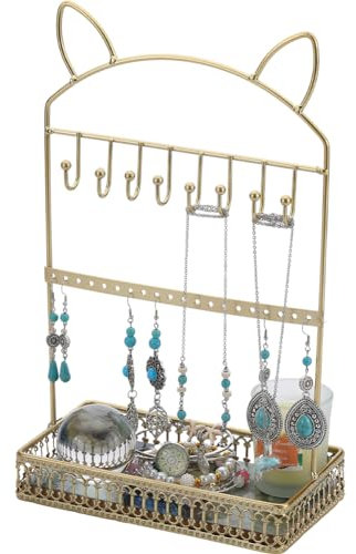 SUNNYCLUE Porte Boucle doreille Presentoir de Chat, Organisateur de Support de Boucles d'oreilles à 2 Niveau avec 20 Trous et 8 Crochets de Suspension, Porte-Colliers, Porte-Bijoux, Bagues, Bracelets