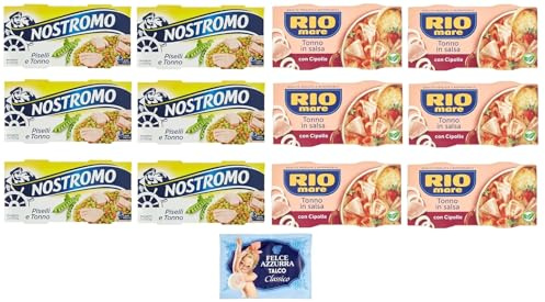 12er-Pack Testpaket Rio Mare Thunfisch und Zwiebeln + Nostromo Thunfisch und Erbsen Fertiggericht, 2x150g + 1er-Pack Kostenlos Felce Azzurra Talkumpuder, 100g-Beutel