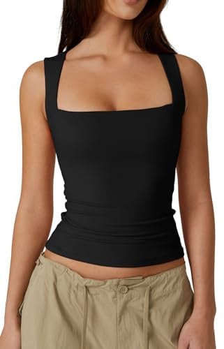 QINSEN Women's Square Neck Sleeveless Double-Layer Tank Tops Basic Tight T Shirts Black M