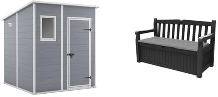Keter Manor Pent Garden Storage Shed 6 x 6 feet - Grey, 200.6 cm*183.5 cm*183.0 cm & Eden Bench 265L Outdoor 60% recycled Garden Furniture Storage Box Graphite & Light Grey