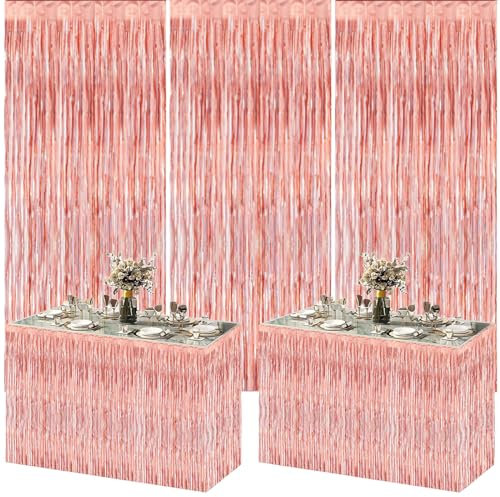 5pcs Rose Gold Party Decoration Set,Rose Gold Tinsel Foil Fringe Curtains Streamers Backdrop and Rose Gold Fringe Table Skirt Tassel Table Skirt for Birthday Wedding Baby Shower Party Decorations