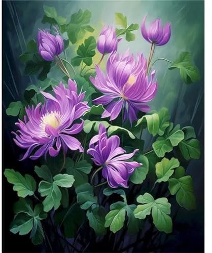Malen Nach Zahlen Erwachsene Pflanzen Lila Blumen,DIY Ölmalerei Kits für Anfänger und Erwachsene,Leinwand Ölgemälde Set mit Pinsels und Farbe für Home Wand Dekoration Geschenk -ohne Rahmen 50x65cm