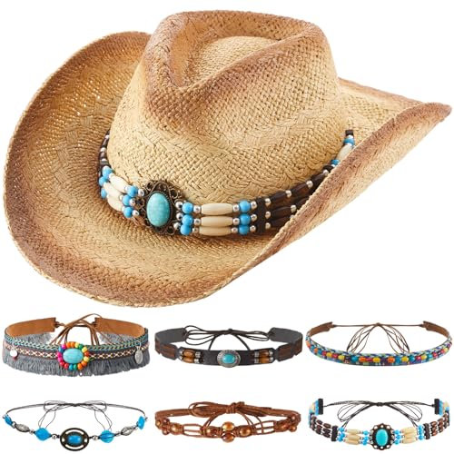 Cutecrop Cowboyhut für Damen und Herren, Cowgirl-Hut mit 6 Ersatzhut, Gürtel, Bänder, Westernhut für Party, Beige, Einheitsgröße