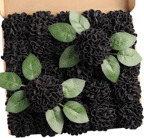 N&T NIETING Künstliche Blumen 20 Stück Dahlien Blumen mit Blättern und Stielen, DIY Dahlie Schaum Blume für Hochzeit Blumensträuße Blumen Centerpieces Arrangements Partytische Home Dekor, Schwarz