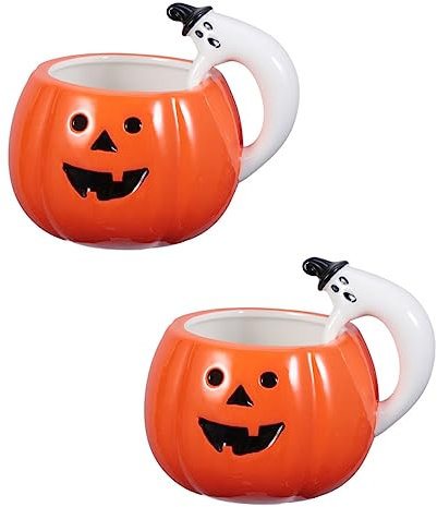 Ciieeo Creative Pumpkin Mug 2PCS Ceramic Cups Ghost Handle Halloween Table Decorations Tea Cups for Office Milk Soup Water Mug Breakfast and Party Favour