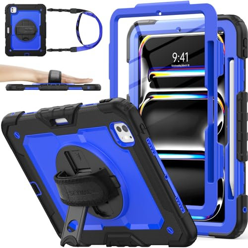 SEYMAC stock Coque pour iPad Pro 11 Pouces (M4/M5) 2024/2025, Coque Antichoc avec Protecteur D'écran, Support Rotatif à 360°/Dragonne, Porte-Stylet et Bandoulière, Bleu