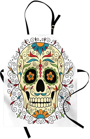 ABAKUHAUS Zuckerschädel Kochschürze 2er-Pack, Catrina Calavera Featured Figur Ornamente Makabre Remember the Dead Theme, Höhenverstellbar Klare Farben, 67 cm x 80 cm, Creme Orange Blau