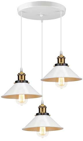 Pendelleuchte 3 Flammige Hängeleuchte Vintage Industrielle Hängelampe E27 Deckenleuchte Retro Design Lampenschirm 220mm Edison Lampe für Küche Esszimmer Schlafzimmer Flur (Weiße-eine Basis 30cm)