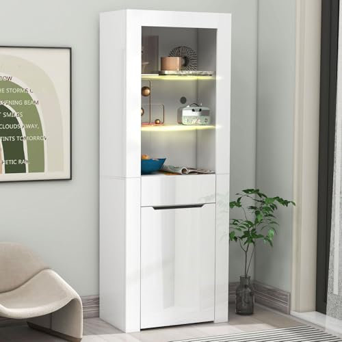 PUGSDRLY Armoire de Vitrine avec Lumières LED,Buffet Salle a Manger,Bibliotheque,Armoire Moderne Polyvalente avec étagères,Meubles de Rangement pour Cuisine Salon et Bureau (Blanc)