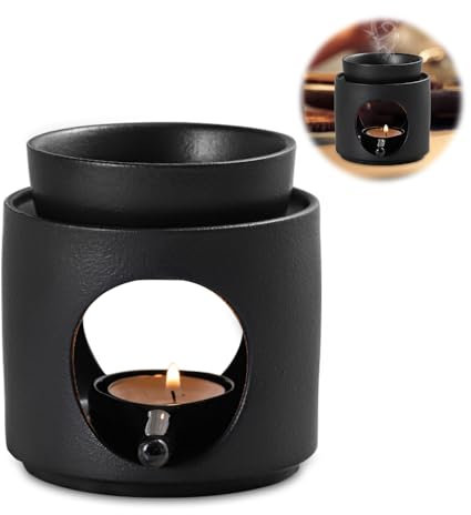 mizikuu Lámpara Aromática De Cerámica, Lámpara Aromática De Cerámica para Aceites Esenciales con Portavelas Lámpara De Aroma Difusor De Aceite Aromático y Cera Aromática, Negro Mate