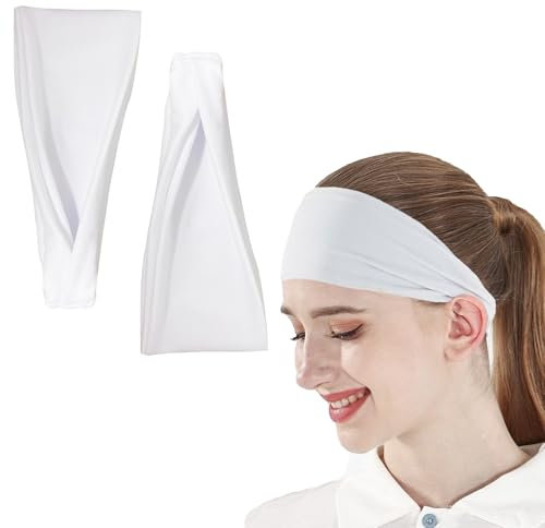 2 Stück Stirnband Damen,Sport Stirnbänder für Damen und Herren,Schweißband Stirn,Headband Sport,Elastisch rutschfest Haarband,für Yoga,Fitness,Joggen,Laufen,Radfahren,Basketball(Weiß)