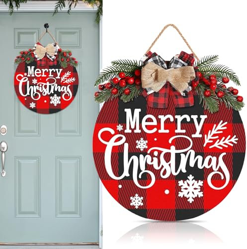 pangdapengpeng Weihnachten Willkommensschild Holzschild, Merry Christmas Türschild Hängedeko, Weihnachtskranz Tür Haustür Deko mit Schleife für Bauernhaus, Veranda, Wanddekoration (Rot+Schwarz)