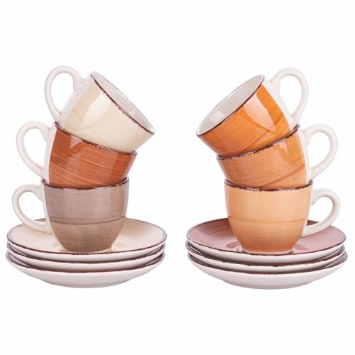 Villa d'Este Home Tivoli Baita Chocolate Lot de 6 tasses à café 90 ml avec soucoupe en grès peint à la main