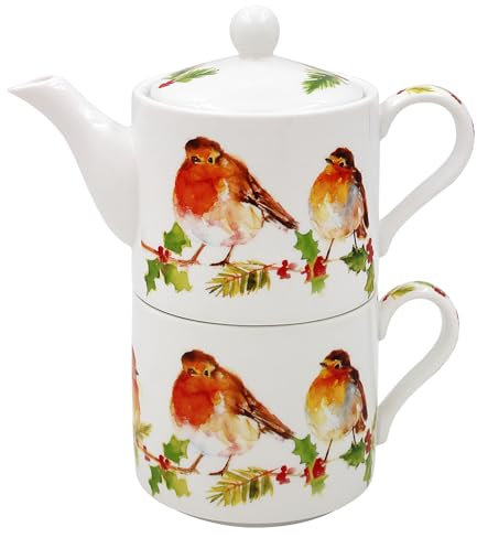 Lesser & Pavey Juego de té de petirrojos de invierno para un juego, tetera y taza, idea de regalo para Navidad, taza temática de petirrojos, diseño del Reino Unido, bebidas calientes, té, café, vasos