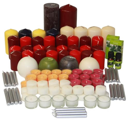 sopomarkt24 Kerzenset Mischpaket aus Kerzen Wachskerzen Stumpenkerze Kugelkerzen Baumkerzen Teelichter Öl Winterdeko Mix Duftkerzen für Feste Weihnachten Partys Hochzeit 9 kg