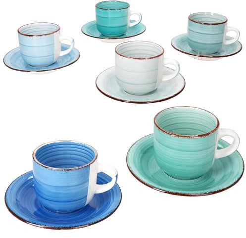 MamboCat 6er Set Blue Cappuccinotassen mit Untertassen I 200 ml I große Tassen + Untertasse aus Steingut für 6 Personen mit verschiedenen Blautönen & Strudel-Dekor