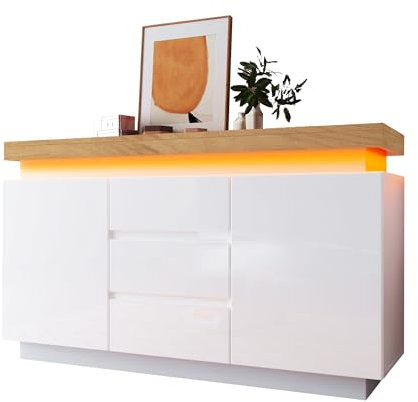 SogesPower Hochglanz-Kommode Weiß mit 3 Schubladen & 2 Türen Smart-Home-LED App-gesteuert höhenverstellbare Einlegeböden Soft-Close 81x140x39 cm für Wohnzimmer Schlafzimmer