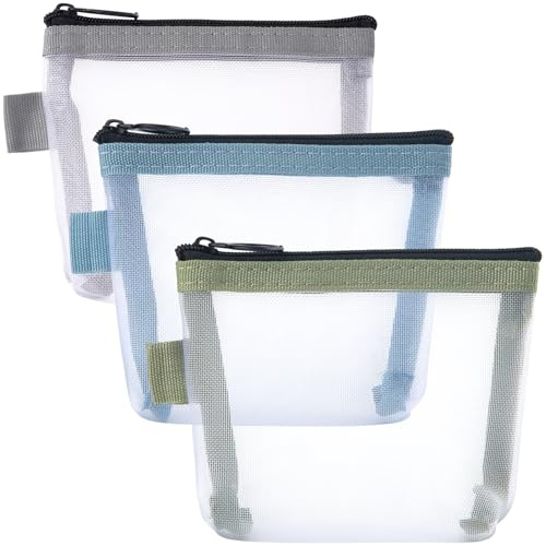 BEIQIYA Small Makeup Bag, Mini Zipper Mesh Makeup Bags, Portable Cosmetic Pouch for Woman Purse Lipstick Keys Essentials Items Earphone Bank Cards, 3pcs-Blue & Green & Gray, Portable