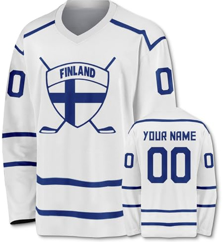 Personalised Ice Hockey National Team Shirt with Name and Number Sporty Long-Sleeved Shirt with V-Neck Perfect as a Fan Gift for Men and Women, Finland Blue, S-6XL