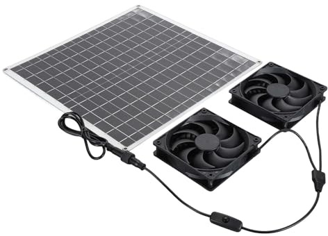 Fockety Solar Dual Fan Kit, 20V Solar Fan 20W Panel IP65 3000RPM Vent Energy Saving Powered Exhaust with Switch for Greenhouses, Pet Houses, Small Chicken Coops