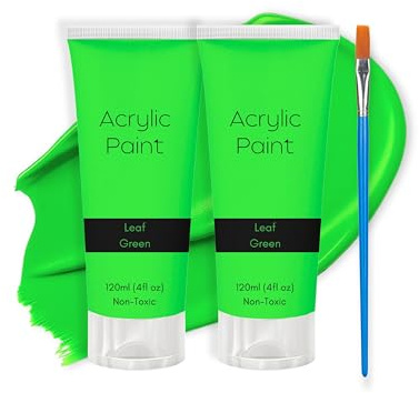 2 Pack Acrylic Paint Green 120ml with Bonus Brush - Non-Toxic,Quality & Vibrant Colours for Artists - Perfect for Wood, Fabric, Crafts, Canvas, Leather, Stone - Water-Based & Safe for All Levels
