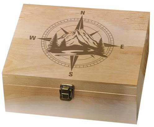 arricraft 1 Stück Erinnerungsbox Aus Holz Dekorative Erinnerungsbox Aus Holz Mit Bergkompass Muster Und Scharnierdeckel Für Jubiläumsfotos DVDs Buchstaben Schmuck 24.5x19.5x10.3cm