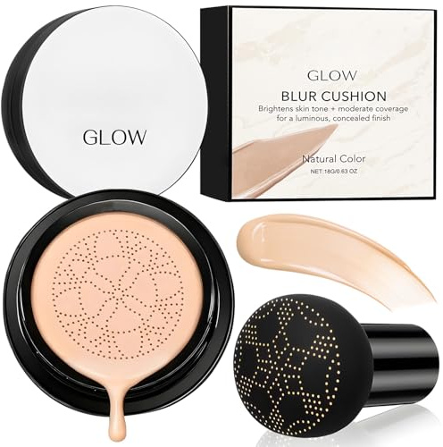 Glow Cushion Foundation, Mushroom Head Air Cushion CC Cream | Make Up Foundation Schminke Gesichts-Make-Up, Ebenmäßiger Hautton für Alle Hauttypen, für Die Tägliche Reise(Natur)