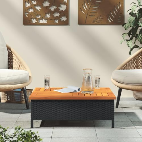 Gartentisch Rattan Schwarz 70x70 cm Akazienholz mit Sonnenschirmloch, wetterfeste PE-Rattan Möbel für Terrasse Garten, robuste Outdoor Tisch für Kaffee und Gespräche im Freien,Tische & Kaffeetische