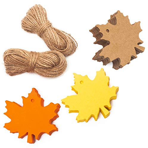 Whaline 150 Pcs Fall Gift Tags Maple Leaves Favor Paper Tags Favor with 131 Feet Natural Jute Twine for Autumn, Thanksgiving, Wedding, Craft Presents (3 Colors)