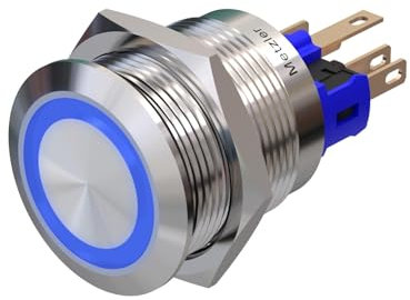 Metzler - Druckschalter 22mm - LED Ringbeleuchtung Blau - IP67 IK10 - Edelstahl - Flach - Lötkontakte