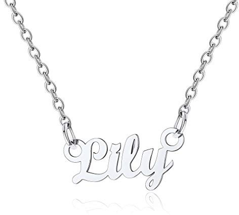 Custom4U Edelstahl Damen Halskette mit Namen Lily Namensketten Silber für Frauen Mädchen Carrie Stil Halsketten 45cm+5cm lang Namenskette Silber für Freundin Mutter Schwester