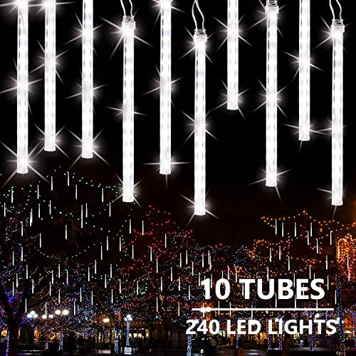 Joomer Meteorschauer Regen Lichter, 10 Röhren 240 LED Fallende Regen Lichterkette Wasserdichte Weiß Weihnachtsbeleuchtung Außen Schneefall Lichter für Outdoor Innen Hochzeit Garten Bäume Deko