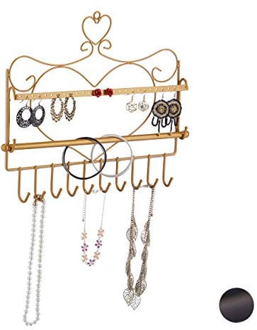 relaxdays Porte-Bijoux Mural, pour Colliers, Boucles d’Oreilles & Bracelets, présentoir, 30 x 36,5 x 3,5 cm, doré