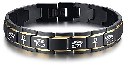 Auge des Horus Ägyptisch Amulett Ankh Kreuz des Lebens Zweifarbiges Verstellbares Edelstahlarmband Abnehmbares Glied Charm Geburtstagsarmband Geschenke für Herren Jungen Schwarz und Gold