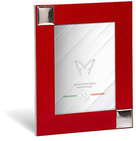 Mareli Cornice Portafoto da Tavolo, Similpelle stropicciata Rossa con Borchie quadrate in Argento, Adatta a Foto 13x18