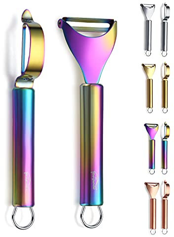 Berglander Pelador de patatas de arcoíris 2 piezas, duradero y afilado de colores titanio acero inoxidable Pelador, accesorios de picnic, apto para lavavajillas